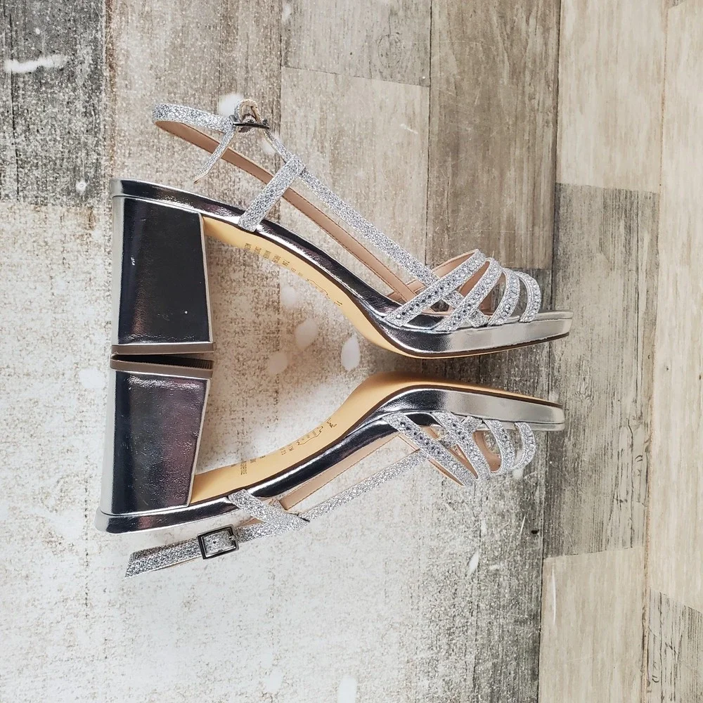 Nina Blanche Womens Sandals Sz 7.5 M Silver Rhinestone Slingback Block Heel